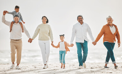 Wall Mural - Happy family, fun portrait and beach with grandparents, parent love and kids together by sea. Outdoor, vacation and children with grandmother and father by the ocean on holiday in group with a smile