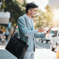 Aufkleber - Phone, app and a business man in the city for travel on his morning commute into work during summer. Mobile, social media or networking with a happy young male employee on an urban street in town