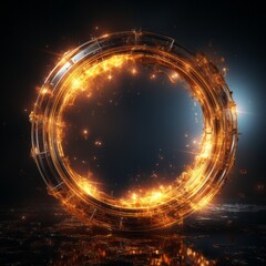 Wall Mural - A gold flaming circle with dark background. Generative AI. 