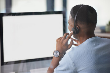 Poster - Call center, man and computer screen or mockup for customer service, support and crm website. Back of a male person, consultant or agent with a headset for help, sales and telemarketing with internet