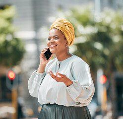 phone call, african and business woman in city for contact, network and connection in urban town. tr