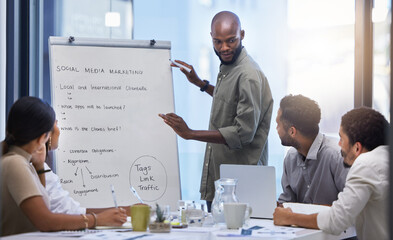 Poster - Business, whiteboard presentation and black man as leader in training, feedback and planning ideas in discussion. Seminar, brainstorming and marketing meeting in office, creative workshop or teamwork