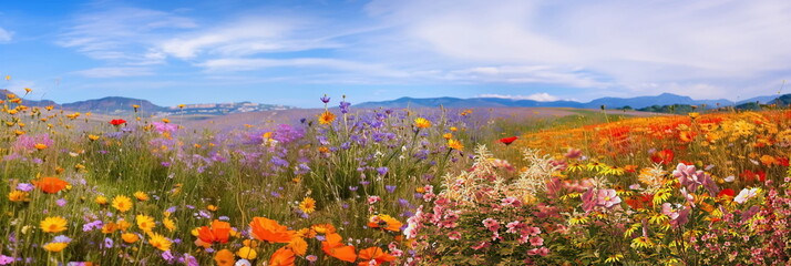   beautiful wild field with flowers ,blue sky and mountains on horizon,nature landscape