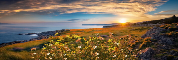Wall Mural -   beautiful wild field with flowers ,blue sky and mountains on horizon,nature landscape