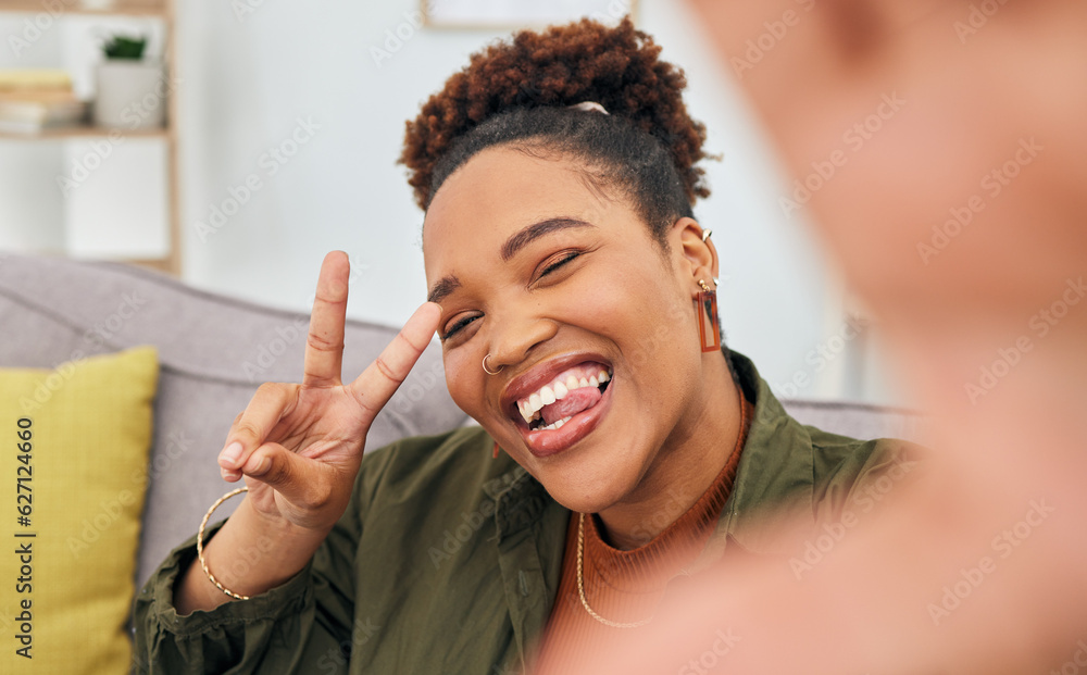 portrait-happy-black-woman-and-peace-for-selfie-in-living-room-live