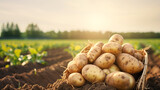 Fototapeta Do akwarium - Close-up photo of fresh potatoes on farm potatoes background. Healthy organic produce concept.