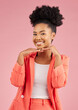 © Tshidzumba/peopleimages.com - Portrait, fashion and beauty with an afro woman in studio isolated on pink background for trendy style. Smile, hair and face with a happy or confident young african person posing in a clothes outfit