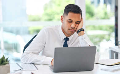 Aufkleber - Bored, tired and business man at laptop in office with stress, anxiety or burnout for tax audit. Lazy, sad and frustrated employee working at computer with challenge, problem or fatigue of boring job