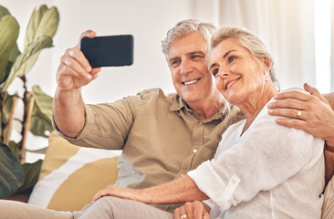 Sticker - Happy senior couple, hug and selfie in relax on living room sofa for photograph, memory or vlog at home. Elderly man and woman smile for picture, photo or social media post on lounge couch together