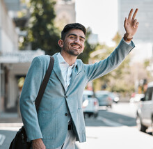 Business Man, Wave And Taxi In Traffic, Street Or City For Transportation, Travel And Smile In Finance Career. Young Accountant, Happy And Outdoor On Sidewalk To Stop Bus, Tram Or Car In Metro Road