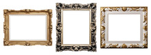 Antique Carved Gilded Frame. Carved Gilded Frame On Isolated Background, Neoclassical Full Picture Frame. 