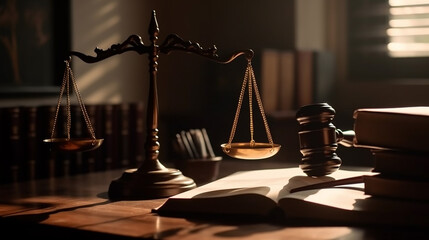 International human rights day concept: Wooden judge gavel with scales on the library,
Gold brass balance scale, weight balance, imbalance scale  wooden desks,
 Law and Justice concept:  Generative AI