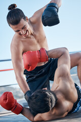 Canvas Print - Floor, boxing ring or angry man fighting in sports exercise, workout or match competition in city outside. Ground punch, boxers or fighters fighting in fitness workout or mma battle for self defense