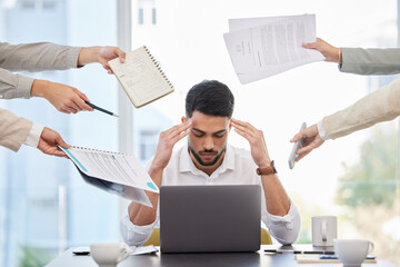 Aufkleber - Business man, stress and demand in office with headache, anxiety and fatigue of challenge. Burnout, deadline and frustrated male worker with bad time management, chaos and depression of mental health
