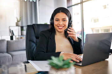 happy woman, call center and laptop with headphones in remote work for customer service or support a