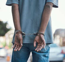 Hands, Handcuffs And Man Criminal In City Arrested For Crime, Corruption Or Justice With Jail. Security, Law And Back Of Male Prisoner, Thief Or Gangster, Prison Or Robbery, Violence Or Murder Fail