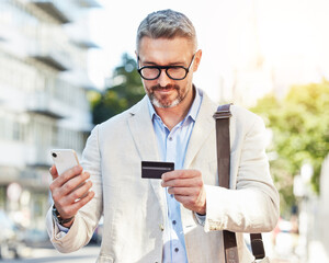 Poster - Phone, credit card and businessman travel using online payment for a commute mobile app, online and on the internet. City, corporate and mature professional walking with smartphone for ecommerce