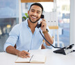 © Ismail/peopleimages.com - Consultant, businessman writing in a notebook and on a phone at his desk at work. Customer support or service, contact and smiling male person using telephone with writing book at his workplace