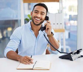 Sticker - Consultant, businessman writing in a notebook and on a phone at his desk at work. Customer support or service, contact and smiling male person using telephone with writing book at his workplace