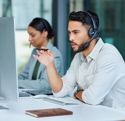 Aufkleber - Business man, call center pc and web support communication at a computer in a office. Phone conversation, desk and male worker with contact us, crm and customer service job in a consulting agency