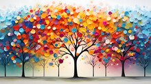Colorful Tree With Leaves On Hanging Branches Illustration Background. 3d Abstraction Wallpaper . Floral Tree With Multicolor Leaves 
