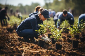 Volunteering. Young people volunteers outdoors reforestation. Generative AI