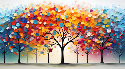 Colorful tree with leaves on hanging branches illustration background. 3d abstraction wallpaper . Floral tree with multicolor leaves 
