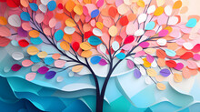 Elegant Colorful Tree With Vibrant Leaves Hanging Branches. Bright Color 3d Abstraction Wallpaper For Interior Mural Painting Wall 
