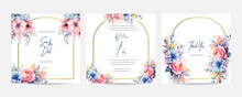 Beautiful Blue Pink Dahlia Wedding Card Invitation. Romantic Wedding Card.