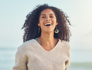 Poster - Portrait, African woman and happiness at the beach or holiday, vacation and summer at the sea, ocean in Puerto Rico. Travel, freedom and smile on face for nature, adventure and blue sky mockup