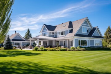 Gorgeous, recently-built house exterior featuring a spacious three-car garage and a lush, green lawn illuminated by the sun on a clear day, adorned with a vibrant blue sky and scattered white clouds.
