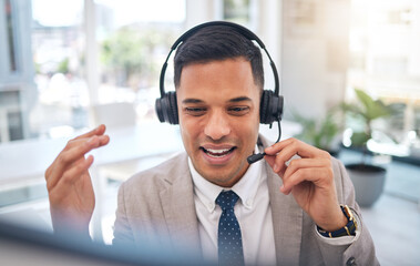Aufkleber - Happy man, call center and consulting on headphones in customer service, support or telemarketing at office. Male person, consultant or agent talking in online advice, help or contact us at workplace