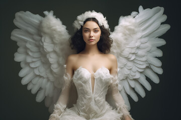 Caucasian girl angel is believed to possess supernatural powers, exuding an aura of serenity and wisdom, captured in this silver beige and white artwork by Generative AI.