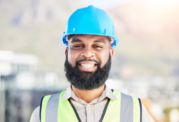 Canvas Print - Happy black man, portrait and architect in city for professional construction or career ambition on site. Face of African male person, engineer or contractor smile for industrial architecture on roof