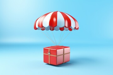 Parachute carrying red gift box isolated on blue background, Generative AI