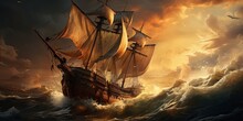 Old Ship Struggle In Sea Storm, Generative AI