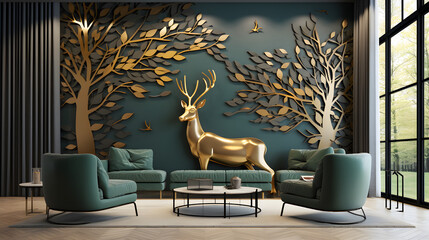 Wall Mural - 3d abstraction modern and creative interior mural wall art wallpaper with dark green and golden forest trees, deer animal wildlife with birds
