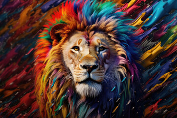  Abstract animal king of Lion portrait with multi colored colorful on skin body and hairs paint, Vibrant bright gradients background, with Generative AI.