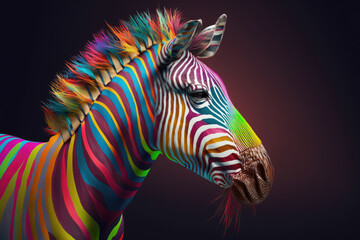 Wall Mural - Abstract animal African Zebra portrait with multi colored colorful on skin body and hairs paint, Vibrant bright gradients tone, with Generative AI.