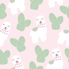 Seamless Pattern With Llamas And Cactus