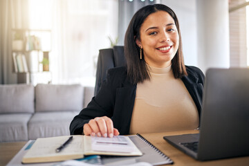 Poster - Accountant, woman and portrait in office with documents, financial report or analysis of audit, taxes or budget. Finance, employee or happy with investment, profit or planning growth in business