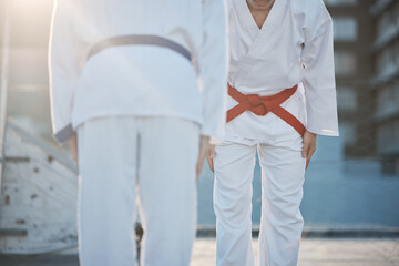 Sticker - Karate, bow and men outdoor for training, workout and start exercise in city. Martial arts, sports and people in competition for taekwondo, battle and challenge to fight for healthy body in fitness