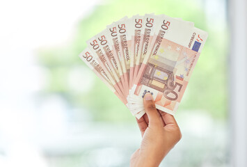 Cash in hand, euros and money fan with finance, reward and prize with giveaway bonus and financial freedom. Bills, notes and person with wealth, payment and lotto with cashback and mockup space