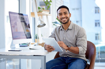 Poster - Businessman, tablet and research with portrait in the office for online work at a company. Professional male, planning and device in a workplace with leadership with ideas on the internet with smile.
