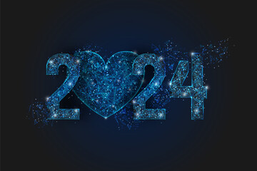 Abstract isolated blue image of new year number 2024. Polygonal low poly wireframe illustration looks like stars in the blask night sky in spase or flying glass shards. Digital web, internet design.