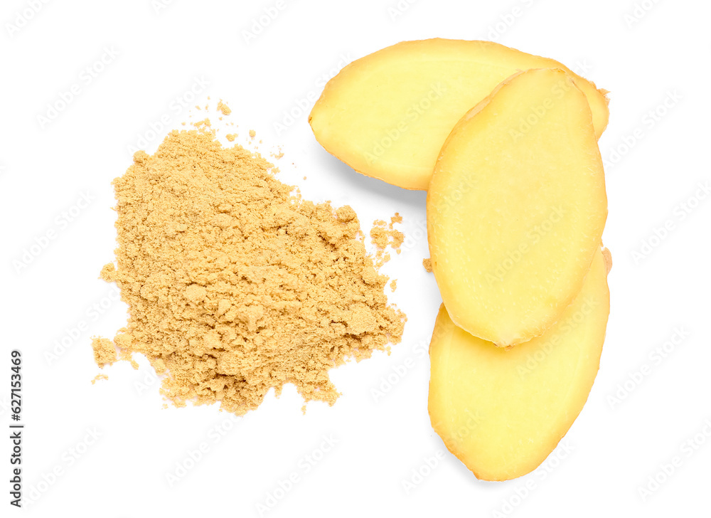 Slices of fresh ginger root and dried powder on white background