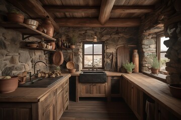 Wall Mural - rustic kitchen room with wooden. Generative AI