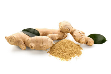 Wall Mural - Fresh ginger roots and dried powder on white background