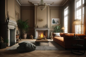 Wall Mural - Wooden house in forest, Interior design of modern living room with wooden lining