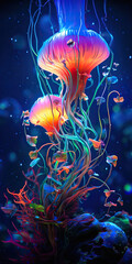 Wall Mural - Light-emitting seaweed fungus,bioluminescent,Fantasy creatures, underwater creatures